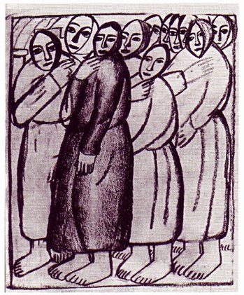 Крестьянки в церкви. 1911—1912. Бумага, карандаш. 21,9×18,4 см. Государственный Русский музей, Санкт-Петербург Крестьянки в церкви. 1911—1912. Бумага, карандаш. 21,9×18,4 см. Государственный Русский музей, Санкт-Петербург