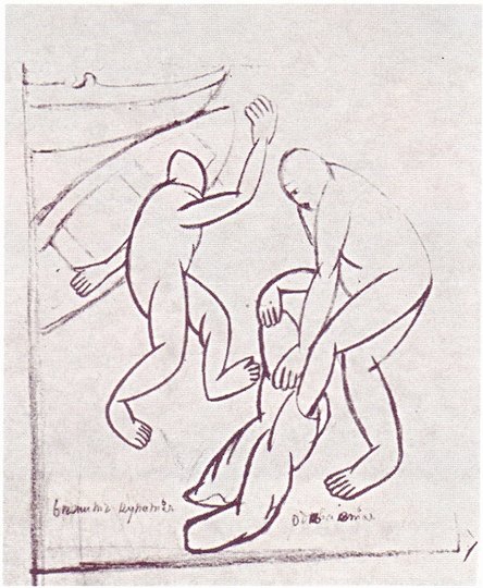 Купальщики. 1910—1911. Бумага, карандаш. 20×15,8 см. Государственный Русский музей, Санкт-Петербург Купальщики. 1910—1911. Бумага, карандаш. 20×15,8 см. Государственный Русский музей, Санкт-Петербург