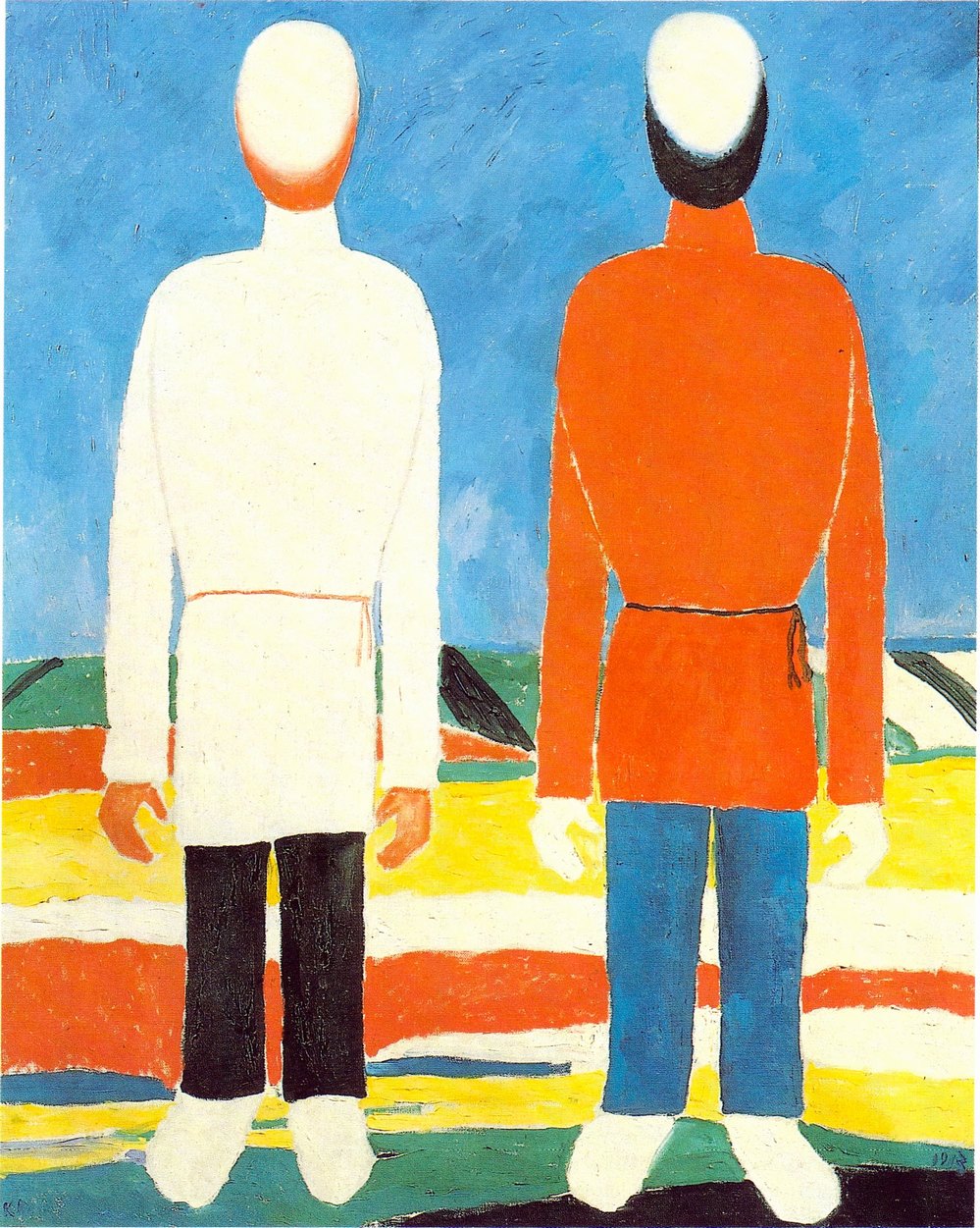 Два крестьянина (В белом и красном). 1928—1932. Холст, масло. 99×79 см. Государственный Русский музей, Санкт-Петербург