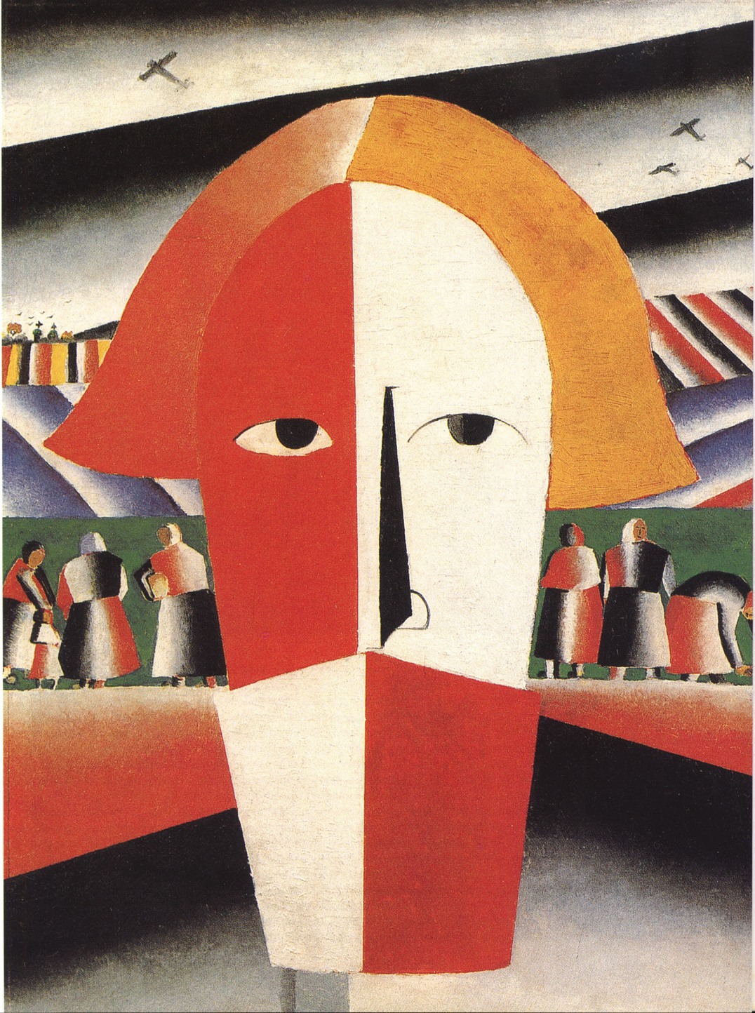 Голова крестьянина. Ок. 1930. Фанера, масло. 71,7×53,6 см. Санкт-Петербург, Государственный Русский музей. Трудно избежать сравнения с картиной Ван Гога Пшеничное поле с пролетающими воронами. Аэропланы превращаются в зловещих птиц, а образ крестьянина напоминает изображение Христа Голова крестьянина. Ок. 1930. Фанера, масло. 71,7×53,6 см. Санкт-Петербург, Государственный Русский музей. Трудно избежать сравнения с картиной Ван Гога Пшеничное поле с пролетающими воронами. Аэропланы превращаются в зловещих птиц, а образ крестьянина напоминает изображение Христа