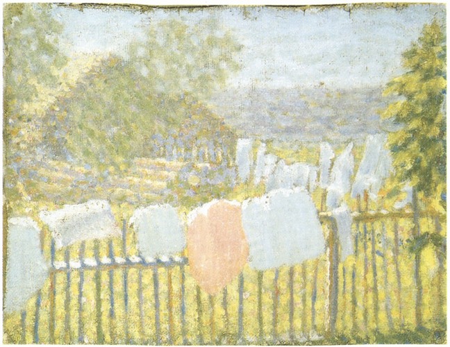 Белье на заборе. 1902—1903. Холст, масло. 21,2×27,7 см. Афины, собрание Костаки Белье на заборе. 1902—1903. Холст, масло. 21,2×27,7 см. Афины, собрание Костаки