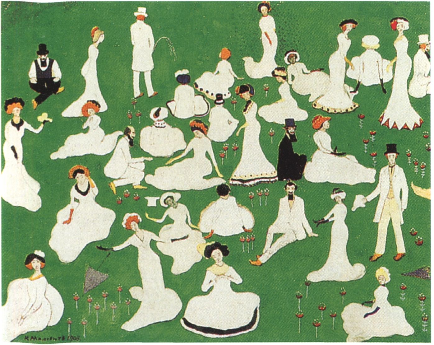 Отдых. Общество в цилиндрах. 1908. Картон, акварель, гуашь, тушь и белила. 23,8×30,2 см. Санкт-Петербург, Государственный Русский музей Отдых. Общество в цилиндрах. 1908. Картон, акварель, гуашь, тушь и белила. 23,8×30,2 см. Санкт-Петербург, Государственный Русский музей