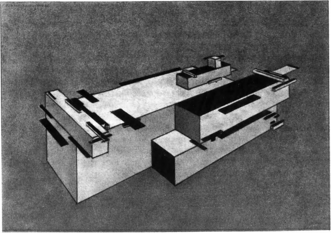 Иллюстрация к «Открытому письму голландским художникам Ван-Гофу и Бекману» (Жизнь искусства, 1924, № 50; подпись: «Супрематизм. Динамоплановое сооружение Уновиса, не обращенное в утилитарную архитектуру») Иллюстрация к «Открытому письму голландским художникам Ван-Гофу и Бекману» (Жизнь искусства, 1924, № 50; подпись: «Супрематизм. Динамоплановое сооружение Уновиса, не обращенное в утилитарную архитектуру»)